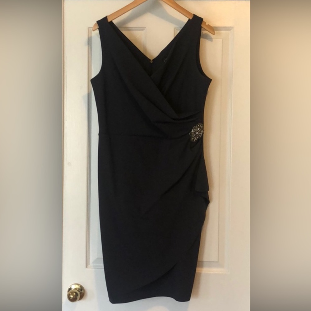 Alex Evenings Black Sleeveless Wrap-Front Midi Dress with Embellished Waist